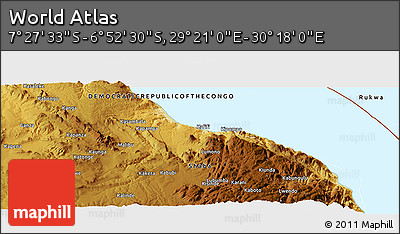 Physical Panoramic Map of the Area around 7° 10' 2" S, 29° 49' 30" E