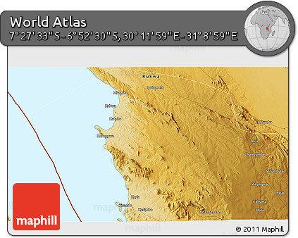 Physical 3D Map of the Area around 7° 10' 2" S, 30° 40' 29" E