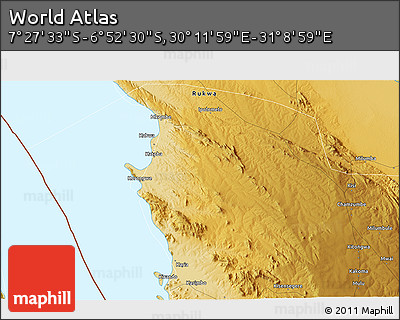 Physical 3D Map of the Area around 7° 10' 2" S, 30° 40' 29" E