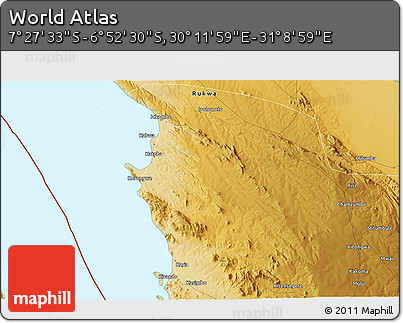 Physical 3D Map of the Area around 7° 10' 2" S, 30° 40' 29" E