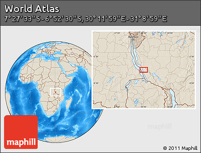Shaded Relief Location Map of the Area around 7° 10' 2" S, 30° 40' 29" E