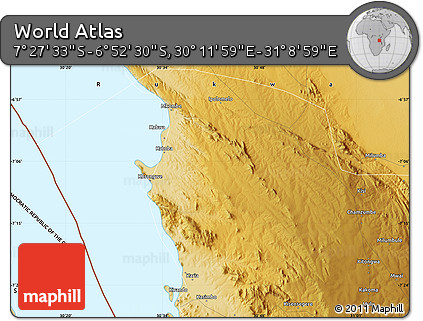 Physical Map of the Area around 7° 10' 2" S, 30° 40' 29" E