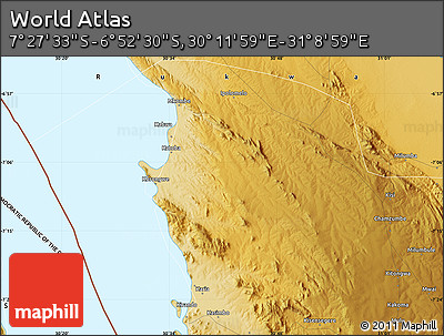 Physical Map of the Area around 7° 10' 2" S, 30° 40' 29" E