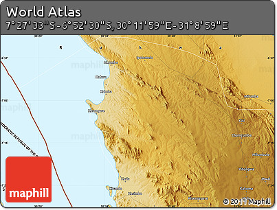 Physical Map of the Area around 7° 10' 2" S, 30° 40' 29" E