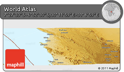 Physical Panoramic Map of the Area around 7° 10' 2" S, 30° 40' 29" E