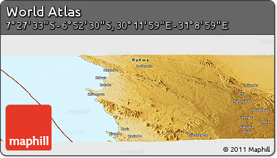 Physical Panoramic Map of the Area around 7° 10' 2" S, 30° 40' 29" E