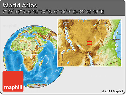 Physical Location Map of the Area around 7° 10' 2" S, 34° 4' 30" E