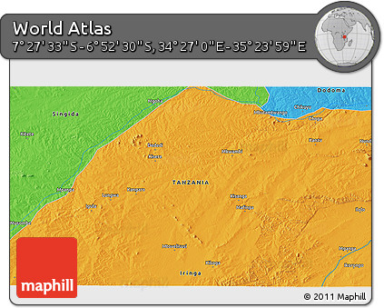 Political 3D Map of the Area around 7° 10' 2" S, 34° 55' 29" E