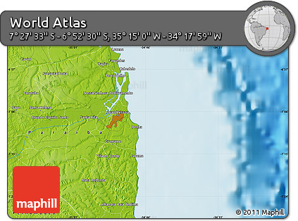 Physical Map of the Area around 7° 10' 2" S, 34° 46' 29" W