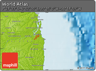 Physical Map of the Area around 7° 10' 2" S, 34° 46' 29" W