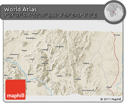 Shaded Relief 3D Map of the Area around 7° 10' 2" S, 36° 37' 30" E