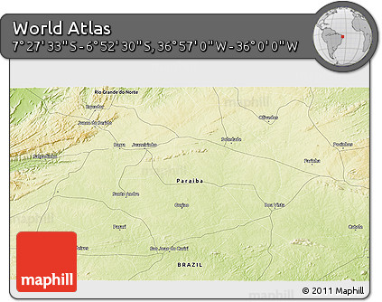 Physical 3D Map of the Area around 7° 10' 2" S, 36° 28' 30" W