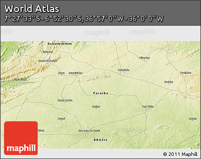 Physical 3D Map of the Area around 7° 10' 2" S, 36° 28' 30" W