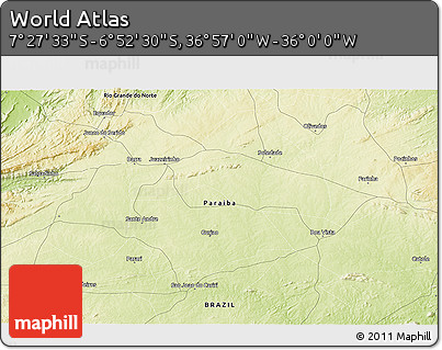 Physical 3D Map of the Area around 7° 10' 2" S, 36° 28' 30" W