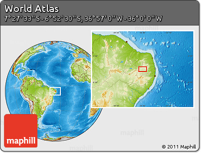 Physical Location Map of the Area around 7° 10' 2" S, 36° 28' 30" W