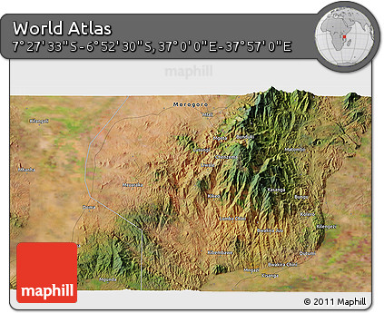 Satellite 3D Map of the Area around 7° 10' 2" S, 37° 28' 30" E