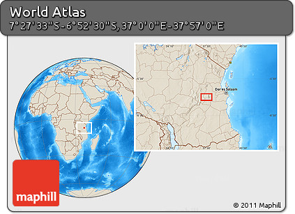 Shaded Relief Location Map of the Area around 7° 10' 2" S, 37° 28' 30" E