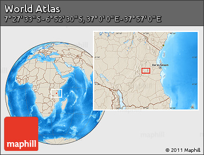 Shaded Relief Location Map of the Area around 7° 10' 2" S, 37° 28' 30" E
