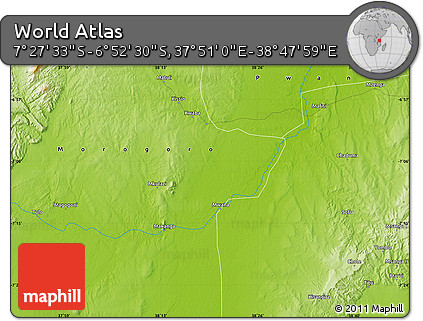 Physical Map of the Area around 7° 10' 2" S, 38° 19' 30" E