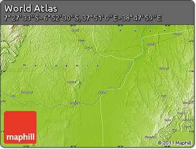 Physical Map of the Area around 7° 10' 2" S, 38° 19' 30" E