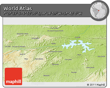 Physical 3D Map of the Area around 7° 10' 2" S, 38° 10' 29" W