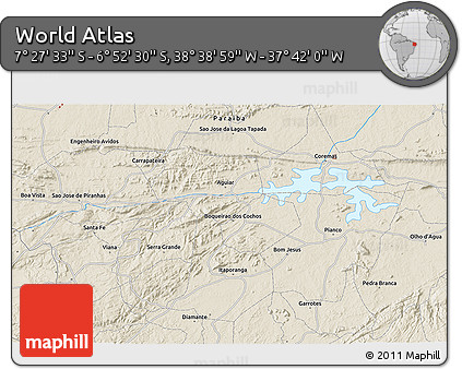 Shaded Relief 3D Map of the Area around 7° 10' 2" S, 38° 10' 29" W