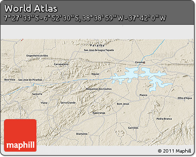 Shaded Relief 3D Map of the Area around 7° 10' 2" S, 38° 10' 29" W