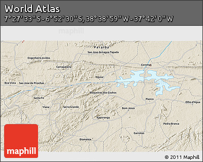Shaded Relief 3D Map of the Area around 7° 10' 2" S, 38° 10' 29" W