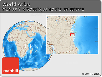Shaded Relief Location Map of the Area around 7° 10' 2" S, 39° 10' 29" E