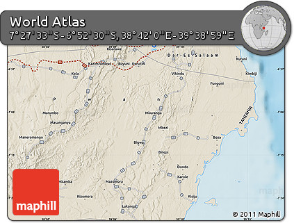 Shaded Relief Map of the Area around 7° 10' 2" S, 39° 10' 29" E