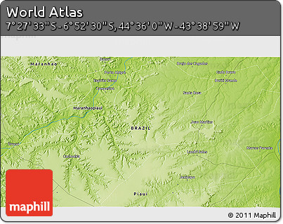 Physical 3D Map of the Area around 7° 10' 2" S, 44° 7' 30" W