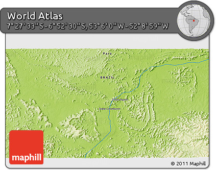 Physical 3D Map of the Area around 7° 10' 2" S, 52° 37' 30" W