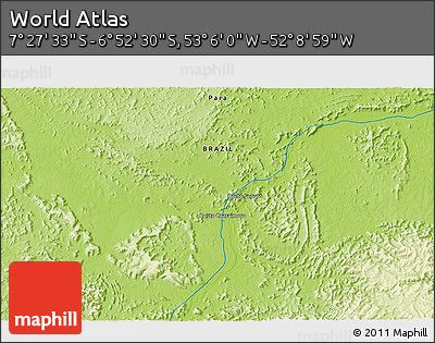 Physical 3D Map of the Area around 7° 10' 2" S, 52° 37' 30" W