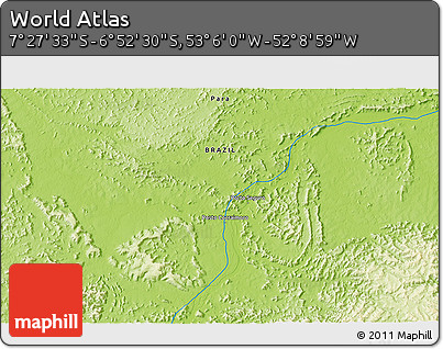 Physical 3D Map of the Area around 7° 10' 2" S, 52° 37' 30" W