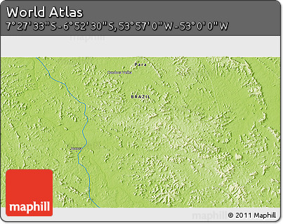 Physical 3D Map of the Area around 7° 10' 2" S, 53° 28' 30" W