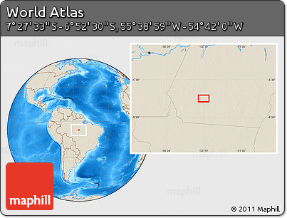 Shaded Relief Location Map of the Area around 7° 10' 2" S, 55° 10' 29" W