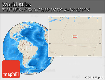 Shaded Relief Location Map of the Area around 7° 10' 2" S, 55° 10' 29" W