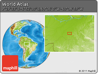 Physical Location Map of the Area around 7° 10' 2" S, 61° 7' 30" W