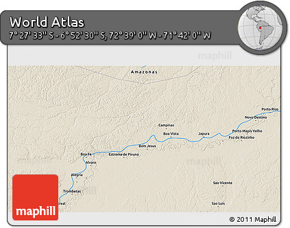 Shaded Relief 3D Map of the Area around 7° 10' 2" S, 72° 10' 30" W