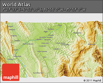 Physical 3D Map of the Area around 7° 10' 2" S, 76° 25' 30" W