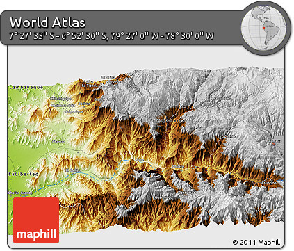 Physical 3D Map of the Area around 7° 10' 2" S, 78° 58' 29" W