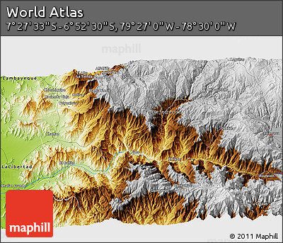 Physical 3D Map of the Area around 7° 10' 2" S, 78° 58' 29" W