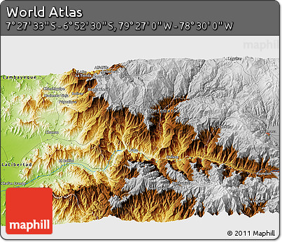 Physical 3D Map of the Area around 7° 10' 2" S, 78° 58' 29" W