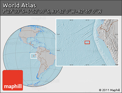 Gray Location Map of the Area around 7° 10' 2" S, 83° 13' 29" W, hill shading