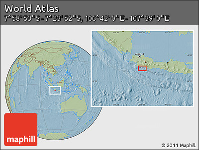 Savanna Style Location Map of the Area around 7° 41' 23" S, 107° 10' 30" E, hill shading