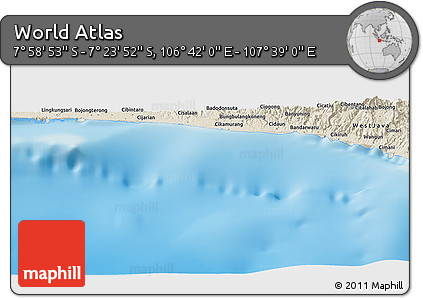 Shaded Relief Panoramic Map of the Area around 7° 41' 23" S, 107° 10' 30" E