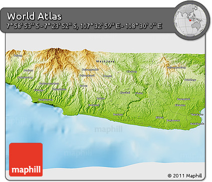 Physical 3D Map of the Area around 7° 41' 23" S, 108° 1' 30" E