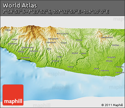 Physical 3D Map of the Area around 7° 41' 23" S, 108° 1' 30" E