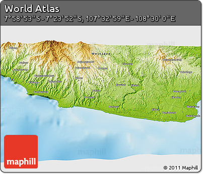 Physical 3D Map of the Area around 7° 41' 23" S, 108° 1' 30" E