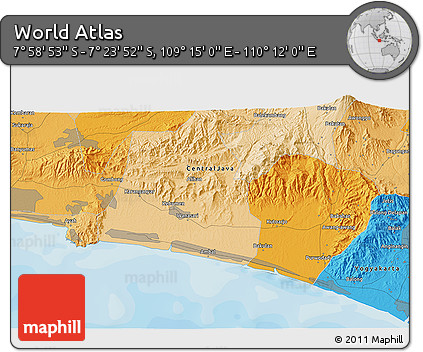 Political 3D Map of the Area around 7° 41' 23" S, 109° 43' 29" E